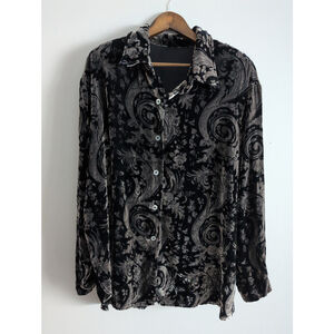 Vintage Velvet Metallic Silver Black Button down shirt women Sz XL Quiet luxury